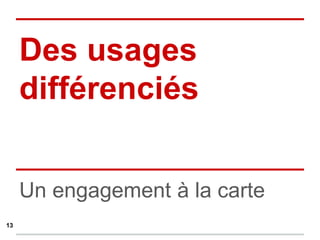Un engagement à la carte
13
Des usages
différenciés
 