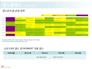 홈노출앱스                                                                10/10~10/16

앱스토어 홈 운영 정책
                                                                                                                   추천                              프로모션                            인기                       신규

2011.10.10   드림밴드 (신규) (루비콘게임즈)            써니비치(추천)(talentwalker)       비바타운(추천)(크레이지피쉬)      말뚝박기2012 (추천) (메가졲)        마이킹덤 (인기) (해피엘리먼츠)            스타프로젝트온라인(추천)(아툰즈)          트레인시티(인기)(게임빌)         소셜삼국지(인기)(큐빅스튜디오)



2011.10.12   창세기2012 (신규) (talentwalker)   닥터24시(인기)(디브로스)              비바리조트 (추천) (크레이지피쉬)   보물탐험대(인기)(이지모드)            아이러브 커피 (인기) (파티스튜디오) 리조트타운 (추천) (엑스지)                    정글북 (추천) (해피엘리먼츠)      버디러시 (인기) (sollmo)



2011.10.14   쏭스타 SongStar (인기) (송스타)       보석소녀엘레쥬(추천)(아툰즈)             드림밴드 (추천) (루비콘게임즈)    히어로시티 (인기) (파프리카랩)         트레인시티(인기)(게임빌)                소셜삼국지(인기)(큐빅스튜디오)           시티오브원더(인기)(노리타운)       워믹스 (추천) (디브로스)



2011.10.17   무역과 정복 (인기)(노스리버소프트)          몬스터월드 (인기) (talentwalker)    재미드래곤 (추천)(재미팟)       꼬치꼬치타이쿤(추천)(재미나스튜디오) War Ville (추천) (WarVille)           다크에덴워즈(추천)(소프톤엔터테인먼트)       시간의 모래(인기) (디브로스)      와일드마운틴 (인기) (아보카도)



2011.10.19   코디북 (신규) (YDEA)               말뚝박기2012 (인기) (메가졲)          마이팜(추천)(아보카도)         플래닛팜 (추천) (지브릭스튜디오)        드림밴드 (인기) (루비콘게임즈)            아쿠아스토리 (인기) (선데이토즈)         리조트타운 (추천) (엑스지)       워믹스 (추천) (디브로스)



             대결!장씨네 가족 (신규) (이엔아이스
2011.10.21                         몬스터월드 (인기) (talentwalker)            걸스라이프(인기)(디브로스)       버디러시 (인기) (sollmo)         재미드래곤 (추천)(재미팟)               정글북 (추천) (해피엘리먼츠)           마이시티(인기)(아보카도)         보물탐험대(인기)(이지모드)
             튜디오)



2011.10.24   가자!신대륙으로(추천)(윙스인어스)           트레인시티(추천)(게임빌)               갓워즈:신들의전쟁(인기)(모야소프트) 히어로시티 (인기) (파프리카랩)          창세기2012 (추천) (talentwalker)   마이킹덤 (인기) (해피엘리먼츠)          무역과 정복 (인기)(노스리버소프트)   다크에덴워즈(추천)(소프톤엔터테인먼트)



2011.10.26   카드삼국지 (신규) (해피엘리먼츠)           쏭스타 SongStar (추천) (송스타)      서울2012 (인기) (넥슨)      패션시티 (인기) (noknok)         플레이볼(추천)(에이스프로젝트)             War Ville (추천) (WarVille)   소셜삼국지(인기)(큐빅스튜디오)      시티오브원더(인기)(노리타운)




홈 운영 정책에 대한 자세한 내용은 아래의 url을 참고해 주세요.
http://devsquare.nate.com/Notice/View?article_id=97




      신규 LIVE 앱스 및 PAYMENT 적용 앱스
                   10/010월                                             10/11 화                                     10/12수                                               10/13목                            10/14금

                                                                                                  [LIVE] 용궁사천성                                         [LIVE] 카드삼국지
 
