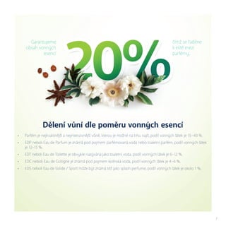 Garantujeme
obsah vonných
esencí
čímž se řadíme
k elitě mezi
parfémy.
Dělení vůní dle poměru vonných esencí
•	 Parfém je nejkvalitnější a nejintenzivnější vůně, kterou je možné na trhu najít, podíl vonných látek je 15–40 %.
•	 EDP neboli Eau de Parfum je známá pod pojmem parfémovaná voda nebo toaletní parfém, podíl vonných látek
je 12–15 %.
•	 EDT neboli Eau de Toilette je obvykle nazývána jako toaletní voda, podíl vonných látek je 6–12 %.
•	 EDC neboli Eau de Cologne je známá pod pojmem kolínská voda, podíl vonných látek je 4–6 %.
•	 EDS neboli Eau de Solide / Sport může být známá též jako splash perfume, podíl vonných látek je okolo 1 %.
7
 