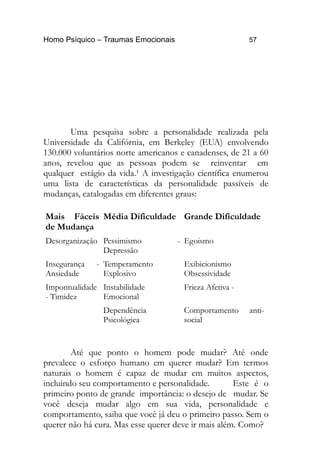 Homo Psíquico – Traumas Emocionais 57
Uma pesquisa sobre a personalidade realizada pela
Universidade da Califórnia, em Berkeley (EUA) envolvendo
130.000 voluntários norte americanos e canadenses, de 21 a 60
anos, revelou que as pessoas podem se reinventar em
qualquer estágio da vida.¹ A investigação científica enumerou
uma lista de características da personalidade passíveis de
mudanças, catalogadas em diferentes graus:
Mais Fáceis
de Mudança
Média Dificuldade Grande Dificuldade
Desorganização Pessimismo -
Depressão
Egoismo
Insegurança -
Ansiedade
Temperamento
Explosivo
Exibicionismo
Obsessividade
Impontualidade
- Timidez
Instabilidade
Emocional
Frieza Afetiva -
Dependência
Psicológica
Comportamento anti-
social
Até que ponto o homem pode mudar? Até onde
prevalece o esforço humano em querer mudar? Em termos
naturais o homem é capaz de mudar em muitos aspectos,
incluindo seu comportamento e personalidade. Este é o
primeiro ponto de grande importância: o desejo de mudar. Se
você deseja mudar algo em sua vida, personalidade e
comportamento, saiba que você já deu o primeiro passo. Sem o
querer não há cura. Mas esse querer deve ir mais além. Como?
 