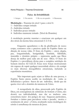 Homo Psíquico – Traumas Emocionais 95
Faixa da Irritabilidade
1- Sempre 2- Na maioria 3- De vez em quando - 4- Raramente.
Modulação – Transitar do nível 1 para o nível 4:
1 – Indivíduo sempre irritado
2 – Indivíduo irritado
3- Indivíduo pouco irritado
4- Indivíduo raramente irritado (Nível de Domínio)
A modulação permite transitar e estacionar em qualquer um
dos níveis da mesma faixa emocional (1-2-3-4).
Enquanto aguardamos o dia da glorificação de nosso
corpo, contamos com a preciosa ajuda do Espírito Santo na
direção de nossas vidas. O fruto do Espírito – amor, alegria,
paz, longanimidade, benignidade, bondade, fidelidade,
mansidão e domínio próprio – representa aquilo que Deus
deseja de melhor para cada um de seus filhos. O fruto do
Espírito é a providência divina para a completa satisfação do
homem interior. Gl 5:22-23. Essas nove forças motivacionais
são capazes de suprir qualquer necessidade afetiva e de corrigir
os mais diversos desequilíbrios emocionais, incluindo as
experiências traumáticas.
Não importam quais sejam as falhas de uma pessoa, o
Espírito Santo presta auxílio na modulação de todas as
deficiências e pontos fracos de um indivíduo, desde que ele
queira viver sob o domínio da natureza de Cristo.
A reengenharia da alma, processada pelo Espírito de
Deus, em conseqüência da submissão do homem a Cristo, não
destrói sua individualidade, mas dar ao intelecto uma
consciência maior dos perigos de suas fraquezas particulares,
fortalece o ânimo para prevalecer sobre o pecado, motiva o
sentimento de amor a Cristo, resultando numa modelagem do
cristão à semelhança da natureza de Jesus.
 