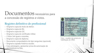 Documentosnecessários para
a concessão de registros e vistos.
Foto – modelo da carteira de
habilitação do CREA.
Registro definitivo de profissional
• Original e copia do titulo de eleitor;
• Original e copia do RG;
• Original e copia do CIC;
• Original e copia do certificado militar;
• 2 fotos 3x4 iguais e recentes;
• Original e copia do diploma;
• Documento comprobatório do tipo sanguíneo (opcional);
• Original e copiado histórico escolar;
• Caso estrangeiro, apresentar prova de autorização de
permanência no País;
 
