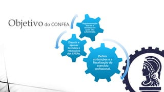 Objetivodo CONFEA.
Definir
atribuições e a
fiscalização do
exercício
profissional.
Discutir e
aprovar
decisões e
resoluções
dos CREAs.
Regulamentação
das leis e
decretos aos
quais está
subordinado.
 
