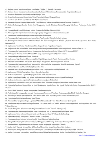 http://www.akachopa.com/
533. Business Process Improvement Sistem Penjadwalan Produksi PT. Samindo Electronics
534. Business Process Reengineering Sistem Pengadaan Kebutuhan Material Untuk Perencanaan dan Pengendalian Produksi
535. Sistem Pakar Anamnesa Keterlambatan Perkembangan Anak
536. Desain Dan Implementasi Sistem Pakar Virtual Psychologist Dalam Mengatasi Stress
537. Visualisasi SSL (Secure Socket Layer) Pada Aplikasi Ecommerce
538. Rancangan Jaringan Komputer Baru Sekolah Tinggi Teknologi Telkom dengan Menggunakan Teknologi Virtual LAN
539. Analisa Perbandingan Koneksi Host to Host Menggunakan Metoda Telnet dan Metoda Messaging Pada Sistem Pembayaran Online di PT.
Telkomsel
540. Perangkat Lunak E-Mail Client pada Telepon Genggam Berbasiskan Teknologi J2ME
541. Perancangan dan implementasi sistem citra steganography menggunakan metode transformasi dudex
542. Pembangunan Aplikasi Perhitungan Beban Tugas Dosen Berbasis Web
543. Perancangan dan Implementasi sistem Antrian Bank Pada Transaksi Multiteller berbasis jaringan
544. Pembangunan Sistem Reservasi ASI Tiket kereta dan pesawat menggunakan Wirelles Aplication Protocol (WAP) Service Pada Media
Handphone WAP
545. Implementasi Teori Fraktal Pada Kompresi Citra Dengan System Fungsi Iterasi Terpartisi
546. Pengendalian Jarak Jauh Berbasis Short Message Service Sebagai Alat Bantu Pada Sistem Pengendalian Sentral Telepon NEAX
547. Perancangan dan Implementasi Aplikasi Pengoperasian dan Pemeliharaan Sentral Telepon NEAX Berbasis TCP/IP
548. Pembangunan Prototipe Siastem Arbiterasi Mata Uang dengan menggunakan Algoritma Genetika
549. Perangkat Lunak Dokumentasi Desain Terstruktur
550. Implementasi Edge Detection Filtering pada Citra Digital dengan Metode Prewitt Operator dan Sobel Operator
551. Penerapan Elektronik Mail Pada Mobile Phone dengan Menggunakan Wireless Application Protocol
552. Perancangan dan Implementasi Teknik Watermarking pada citra Digital menggunakan Blowfish dan Message Digest 5
553. Aplikasi Algoritma SKIPJACK Terhadap Penyandian Data
554. Penajaman Sisi Citra Menggunakan Metode Fourier Phase Only Synthesis dengan pembetulan Fase
555. Implementasi CORBA Pada Aplikasi Client – Server Berbasis Web
556. Studi dan Implementasi Algoritma Kriptografi Twofish untuk Penyandian Data
557. Analisa Pemanfaatan Protokol TCP Melalui Media Satelit dan Implementasi Perangkat Lunak Simulasinya
558. Studi dan Implementasi Algoritma Semijoin pada Pemrosesan Query Terdistribusi
559. Implementasi transformasi wavelet pada analisa tekstur untuk identifikasi osteoporosis berdasarkan metode indeks singh
560. Analisa Perbandingan Koneksi Host to Host Menggunakan Metoda Telnet dan Metoda Corba Pada Sistem Pembayaran Online Di PT.
Telkomsel
561. Deteksi Sudut Multiskala Dengan Menggunakan Transformasi Wavelet
562. Pendeteksian Sisi menggunakan Isotropic Operator dengan Proses Awal Pemuliaan Citra menggunakan Teknik Manipulasi Histogram
563. Perbandingan Metode Hybrid HMM/MLP dan Metode HMM dalam Proses Pengenalan Ucapan Berbahasa Indonesia.
564. Pendeteksian Wajah Berbasis Jaringan Syaraf Tiruan
565. Pencarian Jalur Teroptimal Dengan Algoritma A* Dan Metoda Akses R+ Tree Dalam Pemrosesan Queri Spasial
566. Pembangunan Aplikasi Online Trading Perusahaan Efek Dalam Bursa Efek Jakarta Berbasis Wireless Application Protocol (Studi Kasus Pada
PT. Dinar Sekuritas)
567. Metode Peningkatan Performansi Pada Pengambilan Informasi Latent Semantic Indexing (LSI)
568. Perancangan dan Implementasi Perangkat Lunak Pengkonversi Teks ke Suara dengan Primitif Satuan Bunyi
569. Implementasi Sistim Informasi Geografi untuk Jalur Transportasi Darat Di Wilayah Kodya Bandung
570. Aplikasi Knowledge Management On Line di PDAM Ka. Bandung
571. Perancangan Sistem Informasi Jaringan Sekolah Tinggi Teknologi Telkom Bandung
572. Perangkat Lunak Pengelolaan Warposnet Dengan Menggunakan Metodologi Analisis Dan Perancangan Sistem Terstruktur
573. Segmentasi Citra Digital Menggunakan Algoritma Region Merging dan Representasi Quadtree
574. Analisa Study Topology Jaringan Ring & Mesh Kota Metropolitan dengan Study Kasus Kota Surabaya
575. Pembangunan Perangkat Lunak Sistem Loket Pembayaran Online Dengan Studi Kasus Pembayaran Tagihan PT. Telkomsel
576. Analisa Performansi Filtering Citra Digital Menggunakan Metoda Two-Dimensional Median Filter Dan Multilevel Median Filter
 