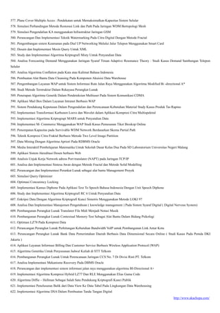 http://www.akachopa.com/
577. Plane Cover Multiple Acces : Pendekatan untuk Memaksimalkan Kapasitas Sistem Selular
578. Simulasi Perbandingan Metode Restorasi Link dan Path Pada Jaringan WDM Bertopologi Mesh
579. Simulasi Pengendalian KA menggunakan Infrastruktur Jaringan GSM
580. Perancangan Dan Implementasi Teknik Watermarking Pada Citra Digital Dengan Metode Fractal
581. Pengembangan sistem Keamanan pada Dial UP Networking Melalui Jalur Telepon Menggunakan Smart Card
582. Desain dan Implementasi Mesin Query Untuk XML
583. Study dan Implementasi Algoritma Kriptografi Misty Untuk Penyandian Data
584. Analisa Forecasting Demand Menggunakan Jaringan Syaraf Tiruan Adaptive Resonance Theory : Studi Kasus Demand Sambungan Telepon
Seluler
585. Analisa Algoritma Conflation pada Kata atau Kalimat Bahasa Indonesia
586. Pembuatan Alat Bantu Data Cleansing Pada Komponen Akuisisi Data Warehouse
587. Pengembangan Layanan WAP untuk Sistem Informasi Rute Jalan Raya Menggunakan Algoritma Modified Bi -directional A*
588. Studi Metode Terstruktur Dalam Rekayasa Perangkat Lunak
589. Penerapan Algoritma Genetik Dalam Pendeteksian Multiuser Pada Sistem Komunikasi CDMA
590. Aplikasi Mail Box Dalam Layanan Intranet Berbasis WAP
591. Sistem Pendukung Keputusan Dalam Pengendalian dan Perencanaan Kebutuhan Material Study Kasus Produk Tas Rapino
592. Implementasi Transformasi Karhunen Loeve dan Wavelet dalam Aplikasi Kompresi Citra Multispektral
593. Implementasi Algoritma Kriptograpi MARS untuk Penyandian Data
594. Implementasi M- Commerce Menggunakan WAP Studi Kasus Pemesanan Tiket Bioskop Online
595. Penempatan Kapasitas pada Survivable WDM Network Berdasarkan Skema Partial Path
596. Teknik Kompresi Citra Fraktal Berbasis Metode Two Level Image Partition
597. Data Mining Dengan Algoritma Apriori Pada RDBMS Oracle
598. Media Interaktif Pembelajaran Matematika Untuk Sekolah Dasar Kelas Dua Pada SD Laboratorium Universitas Negeri Malang
599. Aplikasi Sistem Akreditasi Dosen berbasis Web
600. Analisis Unjuk Kerja Network adress Port translator (NAPT) pada Jaringan TCP/IP
601. Analisa dan Implementasi Sintesa Awan dengan Metode Fractal dan Metode Solid Modelling
602. Perancangan dan Implementasi Perankat Lunak sebagai alat bantu Management Proyek
603. Simulasi Query Optimizer
604. Optimasi Concurency Locking
605. Implementasi Kamus Diphone Pada Aplikasi Text To Speech Bahasa Indonesia Dengan Unit Speech Diphone
606. Study dan Implementasi Algoritma Kriptografi RC 6 Untuk Penyandian Data
607. Enkripsi Data Dengan Algoritma Kriptografi Kunci Simetris Menggunakan Metode LOKI 97
608. Analisa Dan Implementasi Manajemen Pengetahuan ( knowledge management ) Pada Sistem Syaraf Digital ( Digital Nervous System)
609. Pembangunan Perangkat Lunak Translator File Midi Menjadi Notasi Musik
610. Pembangunan Perangkat Lunak Contextual Memory Test Sebagai Alat Bantu Dalam Bidang Psikologi
611. Optimasi LZ78 Pada Kompresi Data
612. Perancangan Perangkat Lunak Perhitungan Kebutuhan Bandwidth VoIP untuk Pembangunan Link Antar Kota
613. Perancangan Perangkat Lunak Bank Data Pemerintahan Daerah Berbasis Data Dimensional Secara Online ( Studi Kasus Pada Pemda DKI
Jakarta )
614. Aplikasi Layanan Informasi Billing Dan Customer Service Berbasis Wireless Application Protocol (WAP)
615. Algoritma Genetika Untuk Penyusunan Jadwal Kuliah di STT Telkom
616. Pembangunan Perangkat Lunak Untuk Perencanaan Jaringan CCS No. 7 Di Divisi Risti PT. Telkom
617. Analisa Implementasi Mekanisme Recovery Pada DBMS Oracle
618. Perancangan dan implementasi sistem informasi jalan raya menggunakan algoritma BI-Directional A+
619. Implementasi Algoritma Kompresi Hybrid LZ77 Dan RLE Menggunakan Elias Gama Code
620. Algoritma Diffie – Hellman Sebagai Salah Satu Pendukung Kriptografi Kunci Publik
621. Implementasi Penelusuran Balik dari Data View Ke Data Tabel Pada Lingkungan Data Warehousing
622. Implementasi Algoritma DSA Dalam Pembuatan Tanda Tangan Digital
 