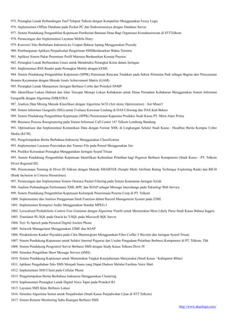 http://www.akachopa.com/
975. Perangkat Lunak Perbandingan Tarif Telepon Telkom dengan Kompetitor Menggunakan Fuzzy Logic
976. Implementasi Offline Database pada Pocket PC dan Sinkronisasinya dengan Database Server
977. Sistem Pendukung Pengambilan Keputusan Pemberian Bantuan Dana Bagi Organisasi Kemahasiswaan di STTTelkom
978. Perancangan dan Implementasi Layanan Mobile Diary
979. Konversi Teks Berbahasa Indonesia ke Ucapan Bahasa Jepang Menggunakan Prosody
980. Pembangunan Aplikasi Penjadwalan Pengiriman SMSBerdasarkan Waktu Tertentu
981. Aplikasi Sistem Pakar Penentuan Profil Manusia Berdasarkan Konsep Passion
982. Perangkat Lunak Berbasiskan Linux untuk Mendeteksi Perangkat Keras dalam Jaringan
983. Implementasi RSS Reader pada Perangkat Mobile dengan kXML
984. Sistem Pendukung Pengambilan Keputusan (SPPK) Penentuan Rencana Tindakan pada Sektor Pertanian Padi sebagai Bagian dari Penyusunan
Renstra Kecamatan dengan Metode Goals Achievement Matrix (GAM)
985. Perangkat Lunak Manajemen Jaringan Berbasis Corba dan Protokol SNMP
986. Identifikasi Lokasi Hidrant dan Jalur Tercepat Menuju Lokasi Kebakaran untuk Dinas Pemadam Kebakaran Menggunakan Sistem Informasi
Geografik dengan Algoritma DJIKSTRA
987. Analisis Data Mining Metode Klasifikasi dengan Algoritma ACO (Ant olony Optimization) : Ant Miner3
988. Sistem Informasi Geografis (SIG) untuk Evaluasi Kawasan Lindung di DAS Ciliwung dan DAS Kali Bekasi
989. Sistem Pendukung Pengambilan Keputusan (SPPK) Perencanaan Kapasitas Produksi Studi Kasus PT. Mitra Alam Prima
990. Business Process Reengineering pada Sistem Informasi Call Center 147 Telkom Lembong Bandung
991. Optimalisasi dan Implementasi Komunikasi Data dengan Format XML di Lingkungan Seluler Studi Kasus : Headline Berita Kompas Cyber
Media (KCM)
992. Pengelompokan Berita Berbahasa Indonesia Menggunakan Classification
993. Implementasi Layanan Pencetakan dan Transer File pada Ponsel Menggunakan Jini
994. Prediksi Kerusakan Perangkat Menggunakan Jaringan Syaraf Tiruan
995. Sistem Pendukung Pengambilan Keputusan Identifikasi Kebutuhan Pelatihan bagi Pegawai Berbasis Kompetensi (Studi Kasus : PT. Telkom
Divisi Regional III)
996. Perencanaan Training di Divre III Telkom dengan Metode SMARTER (Simple Multi Attribute Rating Technique Exploiting Rank) dan RICH
(Rank Inclusion in Criteria Hierarchies)
997. Perancangan dan Implementasi Sistem Otomasi Packet Filtering pada Sistem Keamanan Jaringan Airids
998. Analisis Perbandingan Performansi XML-RPC dan SOAP sebagai Message Interchange pada Teknologi Web Service
999. Sistem Pendukung Pengambilan Keputusan Kelompok Penerimaan Peserta Coop di PT. Telkom
1000. Implementasi dan Analisis Penggunaan Hash Function dalam Record Management System pada J2ME
1001. Implementasi Kompresi Audio Menggunakan Standar MPEG-1
1002. Lexicalized Probabilistic Context Free Grammar dengan Algoritma Viterbi untuk Menentukan Most Likely Parse Studi Kasus Bahasa Inggris
1003. Translator PL/SQL pada Oracle ke T-SQL pada Microsoft SQL Server
1004. Text To Speech pada Personal Digital Assiten Phone
1005. Network Management Menggunakan J2ME dan SOAP
1006. Pendeteksian Kanker Payudara pada Citra Mammogram Menggunakan Filter Coiflet 5 Wavelet dan Jaringan Syaraf Tiruan
1007. Sistem Pendukung Keputusan untuk Seleksi Internal Pegawai dan Usulan Pengadaan Pelatihan Berbasis Kompetensi di PT. Telkom, Tbk
1008. Sistem Pendukung Pengontrol Server Berbasis SMS dengan Study Kasus Telkom Divre IV
1009. Simulasi Pengalihan Short Message Service (SMS)
1010. Sistem Pendukung Keputusan untuk Menentukan Tingkat Kesejahteraan Masyarakat (Studi Kasus : Kabupaten Blitar)
1011. Aplikasi Pengubahan Teks SMS Menjadi Suara yang Dapat Diakses Melalui Fasilitas Voice Mail
1012. Implementasi SSH Client pada Cellular Phone
1013. Pengelompokan Berita Berbahasa Indonesia Menggunakan Clustering
1014. Implementasi Perangkat Lunak Digital Voice Taper pada Protokol R2
1015. Layanan SMS Iklan Berbasis Lokasi
1016. Simulasi Algoritma Semut untuk Penjadwalan (Studi Kasus Penjadwalan Ujian di STT Telkom)
1017. Sistem Remote Monitoring Suhu Ruangan Berbasis SMS
 