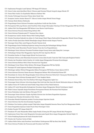 http://www.akachopa.com/
1233. Implementasi Perangkat Lunak Optimasi TSP dengan JST Kohonen
1234. Sistem Cerdas untuk Identifikasi Obyek 2 Dimensi pada Pemetaan Wilayah Geografis dengan Metode JST
1235. Sistem Pakar Analisis Tes Kepribadian Mahasiswa Berbasis Web
1236. Simulasi Perhitungan Konsentrasi Polutan dalam Steady State
1237. Komputasi Analisis Struktur Menara PT. Telkom di Jember dengan Metode Elemen Hingga
1238. Tuntunan Sholat Berbasis Multimedia
1239. Pengembangan Sistem Informasi Pertanahan yang Berbasis Grafik dan Data Atribut
1240. Pemrograman Web yang Dinamis untuk Penerbitan Online dengan Menerapkan Teknologi CGI dan Menggunakan PHP dan MYSQL.
1241. Aplikasi Web Chat Menggunakan PHP Berbasis Linux Beserta Unjuk Kerjanya.
1242. Sistem Informasi Pencarian Benda Hilang Berbasis Web
1243. Sistem Informasi Penjualan pada PT. Nusatama Parco Jakarta
1244. Komputerisasi Analisis Struktur Menara Wall Climbing Mapala
1245. Simulasi Penyebaran Radioaktivitas dalam Air Tanah dengan Model Migrasi Radionuklida Menggunakan Metode Elemen Hingga
1246. Analisis Pustaka Quad dalam Matlab Dibandingkan dengan Metode-metode Integrasi Numeris.
1247. Rancangan Sistem Pakar untuk Diagnosa Penyakit Tanaman Jeruk
1248. Pengembangan Sistem Pendukung Keputusan tentang forecasting dlm Perbandingan Berbagai Metode
1249. Sistem Pakar untuk Menentukan Penyakit Tanaman Tomat dan Cara Pengendaliannya
1250. Membangun Sistem Informasi Pencatatan Pernikahan dengan Konsep Jarkom pada Depag Kab. Lamongan
1251. Perbandingan Enkripsi Data Menggunakan Algoritma RC6 dan Algoritma Blowish
1252. Pemodelan Kualitas Air Sungai dengan Metode Non Konservative
1253. Pembuatan Software untuk Menentukan Konsentrasi Larutan dalam Kondisi Tunak dan Tidak Tunak pada Rangkaian Reaktor
1254. Simulasi dan Pemodelan Analisis Kualitas Air Limbah dengan Menggunakan Persamaan Keseimbangan
1255. Sistem Informasi Berbasis Web di Dinas Prasarana Kota Yogyakarta
1256. Membangun Forum Diskusi Online Berbasis Web dengan Menggunakan PHP dan MySQL
1257. Penerapan JST untuk Keputusan Pendapat Kelangsungan Usaha
1258. Membangun Aplikasi Webmail Menggunakan Bahasa Pemrogaman PHP Berbasis Sistem Operasi LINUX
1259. Sistem Informasi Electronic Human Resource Management Berbasis Web di Pemda Kab Sleman DIY
1260. Pemanfaatan Jar. Internet dlm Mengembangkan Sistem Informasi Pariwisata Online Kab. Cilacap guna Mendukung Otda
1261. Perancangan Sistem Informasi Keuangan pada PT. Sinar Sangkala Jakarta
1262. Pembuatan Internet Relay Chat Client Berbasis Web dengan Menggunakan Applet Java
1263. Perancangan Sistem Informasi Advertising dengan Data Grafis dan Data Suara dlm Bentuk Multimedia ditinjau dr. Bidang IMK
1264. Aplikasi Sistem JST Feedforward untuk Prediksi Harga Saham di Pasar Modal Indonesia.
1265. Aplikasi JST untuk Memprediksi Kebangkrutan Perusahaan dengan Menggunakan Metode Pembelajaran Adaptif
1266. Model Lintasan Terpendek dengan Pemanfaatan Pemrograman Dinamis dlm Penentuan Rute Perjalanan
1267. Sistem Perkuliahan Jarak Jauh Berbasis Web pada FTI-UII
1268. Perancangan Sistem Informasi Terpadu sbg Medai Informasi dan Alat Bantu Pengambilan Keputusan
1269. Komputerisasi Pelacakan Kriminalitas di Kab. Sleman
1270. Pemecahan Masalah Penjadwalan produksi Flowshop dengan Algoritma Genetik
1271. Sistem Informasi Jalur Bus Kota Kotamadya Yogyakarta
1272. Perbaikan Citra Gambar yg Kabur menjadi Tidak Kabur dengan Mengubah Intensitas Warna Tiap Pixel Menggunakan Matlab
1273. Sistem Pengambilan keputusan Tender Proyek Dinas Penerangan Umum
1274. Prediksi Penyakit THT dengan Model JST
1275. Pemakaian JST untuk Memprediksi Beban Jangka Pendek di Jateng dan DIY dengan Metode Back Propagation
1276. Implementasi Sistem Pakar untuk Menganalisis Kerusakan pada Sepeda Motor dengan Menggunakan Borland Delphi 5.0
1277. Sistem Pendukung Keputusan thd Analisi Kelayakan Kredit
1278. Simulasi dan Visualisasi Antrian di Bank
1279. Aplikasi Media Online untuk Penerbitan Jurnal Berbasis Pembrograman PHP dan Basis Data MySQL
1280. Sistem Informasi Produksi dan Pemasaran pada Percetakan Andi Offset
 
