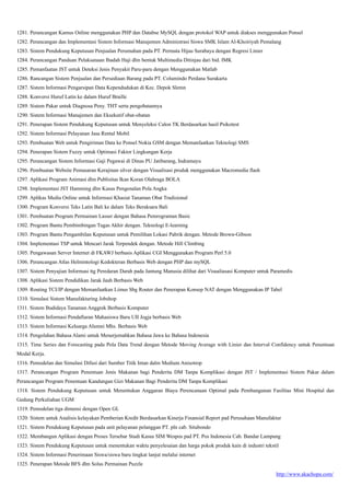 http://www.akachopa.com/
1281. Perancangan Kamus Online menggunakan PHP dan Databse MySQL dengan protokol WAP untuk diakses menggunakan Ponsel
1282. Perancangan dan Implementasi Sistem Informasi Manajemen Administrasi Siswa SMK Islam Al-Khoiriyah Pemalang
1283. Sistem Pendukung Keputusan Penjualan Perumahan pada PT. Permata Hijau Surabaya dengan Regresi Linier
1284. Perancangan Panduan Pelaksanaan Ibadah Haji dlm bentuk Multimedia Ditinjau dari bid. IMK
1285. Pemanfaatan JST untuk Deteksi Jenis Penyakit Paru-paru dengan Menggunakan Matlab
1286. Rancangan Sistem Penjualan dan Persediaan Barang pada PT. Columindo Perdana Surakarta
1287. Sistem Informasi Pengarsipan Data Kependudukan di Kec. Depok Slemn
1288. Konversi Huruf Latin ke dalam Huruf Braille
1289. Sistem Pakar untuk Diagnosa Peny. THT serta pengobatannya
1290. Sistem Informasi Manajemen dan Eksekutif obat-obatan
1291. Penerapan Sistem Pendukung Keputusan untuk Menyeleksi Calon TK Berdasarkan hasil Psikotest
1292. Sistem Informasi Pelayanan Jasa Rental Mobil
1293. Pembuatan Web untuk Pengiriman Data ke Ponsel Nokia GSM dengan Memanfaatkan Teknologi SMS
1294. Penerapan Sistem Fuzzy untuk Optimasi Faktor Lingkungan Kerja
1295. Perancangan Sistem Informasi Gaji Pegawai di Dinas PU Jatibarang, Indramayu
1296. Pembuatan Website Pemasaran Kerajinan silver dengan Visualisasi produk menggunakan Macromedia flash
1297. Aplikasi Program Animasi dlm Publisitas Ikan Koran Olahraga BOLA
1298. Implementasi JST Hamming dlm Kasus Pengenalan Pola Angka
1299. Aplikas Media Online untuk Informasi Khasiat Tanaman Obat Tradisional
1300. Program Konversi Teks Latin Bali ke dalam Teks Beraksara Bali
1301. Pembuatan Program Permainan Lasser dengan Bahasa Pemrograman Basic
1302. Program Bantu Pembimbingan Tugas Akhir dengan. Teknologi E-learning
1303. Program Bantu Pengambilan Keputusan untuk Pemilihan Lokasi Pabrik dengan. Metode Brown-Gibson
1304. Implementasi TSP untuk Mencari Jarak Terpendek dengan. Metode Hill Climbing
1305. Pengawasan Server Internet di FKAWJ berbasis Aplikasi CGI Menggunakan Program Perl 5.0
1306. Perancangan Atlas Helmintologi Kedokteran Berbasis Web dengan PHP dan mySQL
1307. Sistem Penyajian Informasi ttg Peredaran Darah pada Jantung Manusia dilihat dari Visualiasasi Komputer untuk Paramedis
1308. Aplikasi Sistem Pendidikan Jarak Jauh Berbasis Web
1309. Routing TCI/IP dengan Memanfaatkan Liinus Sbg Router dan Penerapan Konsep NAT dengan Menggunakan IP Tabel
1310. Simulasi Sistem Manufakturing Jobshop
1311. Sistem Budidaya Tanaman Anggrek Berbasis Komputer
1312. Sistem Informasi Pendaftaran Mahasiswa Baru UII Jogja berbasis Web
1313. Sistem Informasi Keluarga Alumni Mhs. Berbasis Web
1314. Pengolahan Bahasa Alami untuk Menerjemahkan Bahasa Jawa ke Bahasa Indonesia
1315. Time Series dan Forecasting pada Pola Data Trend dengan Metode Moving Average with Linier dan Interval Confidency untuk Penentuan
Modal Kerja.
1316. Pemodelan dan Simulasi Difusi dari Sumber Titik Intan dalm Medium Anisotrop
1317. Perancangan Program Penentuan Jenis Makanan bagi Penderita DM Tanpa Komplikasi dengan JST / Implementasi Sistem Pakar dalam
Perancangan Program Penentuan Kandungan Gizi Makanan Bagi Penderita DM Tanpa Komplikasi
1318. Sistem Pendukung Keputusan untuk Menentukan Anggaran Biaya Perencanaan Optimal pada Pembangunan Fasilitas Mini Hospital dan
Gedung Perkuliahan UGM
1319. Pemodelan tiga dimensi dengan Open GL
1320. Sistem untuk Analisis kelayakan Pemberian Kredit Berdasarkan Kinerja Finansial Report pad Perusahaan Manufaktur
1321. Sistem Pendukung Keputusan pada unit pelayanan pelanggan PT. pln cab. Situbondo
1322. Membangun Aplikasi dengan Proses Tersebar Studi Kasus SIM Wespos pad PT. Pos Indonesia Cab. Bandar Lampung
1323. Sistem Pendukung Keputusan untuk menentukan waktu penyelesaian dan harga pokok produk kain di industri tekstil
1324. Sistem Informasi Penerimaan Siswa/siswa baru tingkat lanjut melalui internet
1325. Penerapan Metode BFS dlm Solus Permainan Puzzle
 