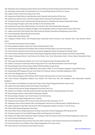 http://www.akachopa.com/
1462. Membangun Sistem Perdagangan Properti Beserta Sistem Pembiayaan Kredit Pemilikan Rumah Dari Bank Secara Online
1463. Membangun Software Bantu Untuk Memahami Fuzzy Clustering Dengan Metode FCM (Fuzzy C-Means)
1464. Aplikasi Simulasi Untuk Sistem Jaringan Syaraf Tiruan
1465. Implementasi Metode Dijkstra Untuk Menentukan Jarak Terpendek Antar Kota-Kota Di Pulau Jawa
1466. Implementasi Algoritma Semut Untuk Meminimalkan Waktu Penyelesaian Pada Penjadwalan Jobshop
1467. Penerapan Algoritma Semut Untuk Pemecahan Masalah Spanning Tree Pada Kasus Pemasangan Jaringan Kabel Telepon
1468. Rancang Bangun Perangkat Lunak Untuk Alat Bantu Tes IQ Anak Berbasis Web
1469. Implementasi Expert System Dalam Penentuan Jenis Dan Dosis Obat Untuk Penyakit Saluran Pernapasan
1470. Sistem Informasi Manajemen Hubungan Pelanggan Untuk Meningkatkan Efektivitas Pelayanan Pada Swalayan Ghina Azkia
1471. Aplikasi Sistem Web Untuk Distribusi Obat, Pakan Ternak Dan Penyakit Ternak Beserta Pengobatannya Secara Online
1472. Sistem Pengendalian Material Pada Proyek Konstruksi
1473. Aplikasi Radio Online Berbasis Web
1474. Penggunaan Metode Thomas Untk Mengefisiensikan Penyelesaian Sistem Persamaan Linier Berukuran Besar Yang Berbentuk Matriks
Simetri
1475. Sistem Informasi Pelayanan Garansi Komputer
1476. Rancang Bangun Perangkat Lunak Untuk Visualisasi Beberapa Obyek Fractal
1477. Sistem Informasi Manajemen KPTA Berbasis Web Di Fakultas Teknologi Industri Universitas Islam Indonesia
1478. Sistem Informasi Manajemen Dan Penilaian Kinerja Dengan Menggunakan Metode Perbandingan Dan Metode Naratif
1479. Sistem Informasi Manajemen Dan Penilaian Kinerja Dengan Menggunakan Metode Penilaian Kategori Dan Metode Tujuan/Perilaku
1480. Analisis Perbandingan Metode Crank-Nicholson Dan Metode Evans Untuk Menyelesaikan Model 1-Dimens Migrasi Radionuklida Dalam
Media Geologi
1481. Perancangan Dan Implementasi Balance Score Card Untuk Pengukuran Kinerja Perusahaan Berbasis Web
1482. Aplikasi Learning Vector Quantization Dalam Jaringan Saraf Tiruan Untuk Merekomendasikan Lokasi Rumah Tinggal
1483. Rancang Bangun Sistem Informasi Rekam Medik di RSD Panembahan Senopati Bantul
1484. Sistem Penjualan Dan Prediksi Stock BBM Dalam Tanki Pendam di SPBU 24-353-54 Pringsewu Tanggamus Lampus Berbasis Fuzzy
1485. Pengembangan DSS Management Proyek Untuk Model Proses Rekayasa Software Yang Dapat Diadaptasikan (APM)
1486. Email Client Menggunakan Java 2 Microedition
1487. Sistem Informasi Manajemen KPTA Berbasis Web Di Fakultas Teknologi Industri Universitas Islam Indonesia
1488. Sistem Informasi Menggunakan Database Fuzzy Berbasis Web (Studi Kasus Pada Toko Handphone Untuk Rekomendasi Pembelian
Handphone)
1489. Sistem Pakar Untuk Mendeteksi Kerusakan Pada Telepon Selular Dengan Menggunakan Metode Certainty Factor
1490. Aplikasi Konstruksi Dinding Penahan Tanah Dengan Visual Delphi 6.0
1491. Penilaian Kinerja Karyawan Dengan Menggunakan Sistem Basis Data Fuzzy
1492. Aplikasi Fuzzy Database Untuk Rekomendasi Pemilihan Hotel Bagi Wisatawan Yang Berkunjung Ke Pulau Bali
1493. Rancang Bangun Aplikasi Untuk Kompilasi Perbandingan Madzhab
1494. Rancang Bangun Perangkat Lunak Untuk Permainan Asah Otak Kelereng
1495. Peramalan Cuaca Dengan Menggunakan Fuzzy Linguistic
1496. Pembuatan Sistem Informasi KPTA di Jurusan Teknik Elektro dan Teknik Informatika, FTI UII
1497. Membangun Sistem Informasi Berbasis Web Untuk Mengetahui Letak Sumur Gas Pada Perusahaan LAPINDO Brantas Inc.
1498. Aplikasi Yogyakarta Virtual Map Untuk Pocket PC (PDA) Menggunakan Embeded Visual Basic 3.0 dan Ms Access
1499. Rakam Medis Dengan Menggunakan Sistem Pakar
1500. Sistem Media Promosi Sebagai Representasi Perusahaan Yang Online Di Internet Menggunakan PHP, Mysql dan WAP
1501. Penerapan Jaringan Saraf Tiruan Model Propagasi Balik Untuk Pengenalan Citra Sidik Jari
1502. Mengatur Pola Makan (Diet) Berdasarkan Tingkat Kandungan Lemak Dan Kolesterol Dalam Darah Dengan Menggunakan Logika Fuzzy
1503. Sistem Informasi Pembelanjaan di Restoran
1504. Studi Dan Implementasi Sistem Informasi Berorentasi Obyek, Studi Kasus: Sistem Informasi Pemesanan Peta Di Bappeda DIY
1505. Sistem Penyeleksian Calon Mahasiswa Baru Dengan Menggunakan CP (Certainty Factor)
1506. Sistem Informasi Untuk Penelusuran Karir/Jabatan Karyawan
 