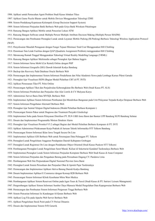 http://www.akachopa.com/
1906. Aplikasi untuk Pemecahan Agent Problem Studi Kasus Jebakan Tikus
1907. Aplikasi Game Puzzle Blaster untuk Mobile Devices Menggunakan Teknologi J2ME
1908. Sistem Pendukung Keputusan Kelompok (Group Decission Support System)
1909. Sistem Informasi Penjualan Batik Berbasis Web pada Griya Batik Wirokuto Pekalongan
1910. Rancang Bangun Aplikasi Mobile untuk Pencarian Lokasi ATM
1911. Rancang Bangun Software untuk Multiple Person Multiple Attribute Decision Making (Multiple Person MADM)
1912. Perancangan dan Pembuatan Perangkat Lunak untuk Layanan Mobile Parking (M-Parking) Berbasis Teknologi Wireless Application Protocol
(WAP)
1913. Penyelesaian Masalah Penugasan dengan Fungsi Tujuan Minimasi Total Cost Menggunakan Hill Climbing
1914. Penentuan Tata Letak Fasilitas dengan QAP (Quadratic Assignment Problem) menggunakan Hill Climbing
1915. Merancang Rumah Tinggal Menggunakan Teknologi Virtual Reality Modelling Language (VRML)
1916. Rancang Bangun Aplikasi Multimedia sebagai Perangkat Ajar Bahasa Inggris
1917. Sistem Informasi Sewa Mobil (Car Rental) Online dengan PHP
1918. Sistem Informasi Geografis (SIG) Dawah Islamiah Kodya Bandung
1919. Backup dan Recovery Pada Database Oracle Berbasis Web
1920. Perancangan dan Implementasi Sistem Informasi Pendaftaran dan Nilai Akademis Siswa pada Lembaga Kursus Pikmi Garuda
1921. Perangkat Ajar Visualisasi ISDN (Bagian Modul Pelatihan CBT di PT. INTI)
1922. Aplikasi Pemesanan Tiket PT. Pelni Online
1923. Perancangan Aplikasi Tiket dan Penjadwalan Keberangkatan Bis Berbasis Web (Studi Kasus PT. ALS)
1924. Sistem Informasi Pembelian dan Penjualan Alat-Alat Listrik di CV Mulyana Karya
1925. Administrasi Server Basis Data MYSQL Berbasis Web
1926. Implementasi Aplikasi Sistem Informasi Pembuatan Ijin Mendirikan Bangunan pada Unit Pelayanan Terpadu Kodya Denpasar Berbasis Web
1927. Sistem Informasi Pengobatan Alternatif Berbasis Web
1928. Perangkat Ajar Sentral Telepon Digital Indonesia (Modul Pelatihan Berbasis Komputer )
1929. Perancangan Sistem Pakar untuk Diagnosa dan Treatment Penyakit Ginekologi
1930. Implementasi Soho pada Sistem Pelayanan Distribusi PT. PLN UBD Jawa Barat dan Banten UPP Bandung SUPJ Bandung Selatan
1931. Desain dan Implementasi Programable Motion Detektor Alarm
1932. Perangkat Ajar Visualisasi Protokol V5.2 sebagai Bagian dari Modul Pelatihan Berbasis Komputer di PT. INTI
1933. Aplikasi Administrasi Pelaksanaan Kerja Praktek di Jurusan Teknik Informatika STT Telkom Bandung
1934. Perancangan Sistem Informasi Iklan Jawa Tengah Secara On Line
1935. Implementasi Aplikasi GIS Berbasis Web untuk Peremajaan Data Pelanggan PT. Telkom
1936. Perangkat Lunak Pengelolaan Anggaran Pendapatan Daerah Kabupaten Grobogan
1937. Perangkat Lunak Registrasi On Line dengan Pendekatan Object Oriented (Studi Kasus Puskom STT Telkom)
1938. Pembangunan Perangkat Lunak Pengelolaan Surat Masuk /Keluar di Sekertariat Kandatel Tasikmalaya Berbasis Web
1939. Implementasi Perangkat Lunak Sistem Informasi Penjualan Komputer Berbasis Web Studi Kasus di Anan Computer
1940. Sistem Informasi Penjualan dan Pengadaan Barang pada Perusahaan Dagang CV. Pandawa Lima
1941. Pembangunan Web Site Perpustakaan Digital Nasional Provinsi Jawa Barat
1942. Perangkat Lunak Sistem Persediaan dan Penjualan Obat di Apotek Pajar Tasikmalaya
1943. Perancangan dan Implementasi Aplikasi Aktiva Barang Daerah Kodya Bandung
1944. Desain Implementasi Aplikasi E Commerce dengan Konsep B2B Berbasis Web
1945. Perancangan Sistem Informasi Klinik Kesehatan Mitra Wars Medica
1946. Pembangunan Aplikasi Sistem Reservasi Online pada Agen Tours & Travel (Studi Kasus di PT. Satriavi Leisure Managment)
1947. Pengembangan Aplikasi Sistem Informasi Sumber Daya Manusia Modul Pengolahan Data Kepegawaian Berbasis Web
1948. Perancangan dan Pembuatan Sistem Informasi Perguruan Tinggi Berbasis Web
1949. Sistem Pencarian Informasi Isi Kandungan Al-Quran Berbasis Web
1950. Aplikasi Log File pada Apache Web Server Berbasis Web
1951. Aplikasi Pengelolaan Stock Point pada CV Perisai Dinamis
1952. Desain dan Implementasi Sistem IVR Generik
 