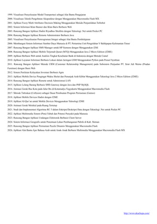 http://www.akachopa.com/
1999. Visualisasi Penyelesaian Model Transportasi sebagai Alat Bantu Pengajaran
2000. Visualisasi Teknik Pengobatan Akupunktur dengan Menggunakan Macromedia Flash MX
2001. Aplikasi Fuzzy Multi Attributes Decision Making Menggunakan Metode Penjumlahan Terbobot
2002. Sistem Informasi Iklan Banner dan Iklan Baris Berbasis Web
2003. Rancang Bangun Aplikasi Hadist Riyadhus Sholihin dengan Teknologi .Net untuk Pocket PC
2004. Rancang Bangun Aplikasi Remote Administrator Berbasis Java
2005. Visualisasi Penyelesaian Pemrograman Integer sebagai Alat Bantu Pembelajaran
2006. Membangun Sistem Informasi Sumber Daya Manusia di PT. Pertamina Unit Pengolahan V Balikpapan Kalimantan Timur
2007. Rancang Bangun Aplikasi SMS Manager untuk HP Siemens dengan Menggunakan J2SE
2008. Rancang Bangun Aplikasi Mobile Terjemah Quran (MTQ) Menggunakan Java 2 Micro Edition (J2ME)
2009. Aplikasi Berbasis Web untuk Analisis Tingkat Kesehatan Bank di Indonesia dengan Metode Camel
2010. Aplikasi Layanan Informasi Berbasis Lokasi dalam Jaringan GSM Menggunakan Python pada Ponsel Symbian
2011. Rancang Bangun Aplikasi Metode CRM (Customer Relationship Management) pada Subsistem Penjualan PT. Sirat Adi Warno (Pradan
Furniture) dengan Basis Web
2012. Sistem Penilaian Kelayakan Investasi Berbasis Agen
2013. Aplikasi Mobile Device Pengingat Waktu Sholat dan Penunjuk Arah Kiblat Menggunakan Teknologi Java 2 Micro Edition (J2ME)
2014. Rancang Bangun Aplikasi Remote untuk Administrasi LAN
2015. Aplikasi Lelang Barang Berbasis SMS Gateway dengan Java dan PHP MySQL
2016. Animasi Gerak Bus Kota pada Jalur Bis di Kotamadya Yogyakarta Menggunakan Macromedia Flash
2017. Metode Tubrukan (Collision) sebagai Dasar Pembuatan Program Permainan (Games)
2018. Aplikasi Mobile Devices Hadist dengan J2ME
2019. Aplikasi Al-Qur’an untuk Mobile Devices Menggunakan Teknologi J2ME
2020. Animasi Gerak Molekul pada Ruang Tertutup
2021. Studi dan Implementasi Algoritma RC 5 dalam Enkripsi/Deskripsi Data dengan Teknologi .Net untuk Pocket PC
2022. Aplikasi Multimedia Sistem (Peta) Tubuh dan Potensi Penyakit pada Manusia
2023. Rancang Bangun Aplikasi Undangan Elektronik Berbasis Client Server
2024. Sistem Informasi Geografis untuk Penentuan Lahan Pembangunan Pabrik di Kab. Sleman
2025. Rancang Bangun Aplikasi Permainan Puzzle Dinamis Menggunakan Macromedia Flash
2026. Aplikasi Alat Bantu Ajar Bahasa Arab untuk Anak-Anak Berbasis Multimedia Menggunakan Macromedia Flash MX
 