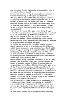 axis of envelope 19 and is supported by, but insulated from, probe 36
on a pair of similar mountings 50.
For example, as shown in Fig. 3, mounting 50 comprises a bolt 51
threaded into an opening 52 in the upper side of probe 36.
The body of bolt 51 is received by a thin, insulating tube or sleeve
53 which may be constructed of out-gassed glass and which, in turn; is
received by another thin, out gassed glass tube 54. The lower
extremities of tubes 53 and 54 terminate at the upper surface of probe
36. while the upper extremity of tube 54 terminates at the under
surface of strip 46. Strip 46 is provided with an opening 55 which
receives tube 53.
and this tube terminates at the upper surface of strip 46. A glass
washer 56 is interposed between the upper surface of strip 46 and head
57 of bolt 5l so that although the bolt may be thightened to secure
strip 1'} wiTh respect to probe 36. tlie blt 5! is e;ectrically
insulated from the strip. SIoreo-er, since the strip is firmly clamped
between the under surface of washer 56 and the upper end of outer tube
54, a rigid mechanical connect tion is achieved.
To maintain the electrodes 36 3' and 22 in proper longitudinally
spaced relationship, a pair of long metallic rods 58 and 59 and a
suitable spacer arrangement are provided. As shown in Fig. 3. rod 58
passes through an opening 60 in support strip 46 and its head 61
mechanically and electrically contacts the under side of this strip.
An inner sleeve 62 of an electrically insulating material. such as an
out-gassed glass tube, extends between the upper surface of strip 46
and the upper surface of cathode plate 22.
passing through aligned openings in the plates 23, 32 and 22. These
openings have a diameter smaller than the outer diameter of a
plurality of insulating spacers 63, 64 and 65. constructed of thin
out-gassed glass tub- ing. Spacer 63 extends between the upper surface
of strip 46 and the lower surface of disc 23, spacer 64 extends from
the upper surface of disc 23 to the under side of plate 39. and spacer
65 likewise extends between plate 32 and disc 22. An insulating washer
66, which may be constructed of out-gassed glass. separates and
electrically insulates a nut 67 from cathode disc 22. The nut 67 is
threaded to rod 58 and may be thightened in order to bind the several
elements into a rugged unitary assembly.
Rod 59 is arranged in a manner similar to rod 58. but as shown in Fig.
4, its lower extremity is threaded into an opening 68 in probe 36. It
is received bv a long. thin glass sleeve 69 which in turn. receives a
series of glass spacers like the one designated 70 extending between
the upper surface of probe 36 and the lower surface of cathode plate
23.
Its upper end is provided with an arrangement similar to insulating
 