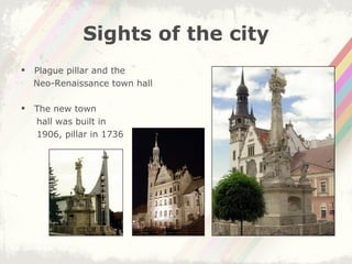 Sights of the city Plague pillar and the  Neo-Renaissance town hall  The new town  hall was built in  1906, pillar in 1736 