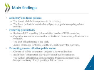 • Monetary and fiscal policies
– The threat of deflation appears to be receding.
– The fiscal outlook is sustainable subject to population-ageing related
reforms.
• Fostering productivity
– Business R&D spending is low relative to other OECD countries.
– Organisation and administration of R&D and innovation policies are too
complex.
– The cost of bankruptcy is too high.
– Access to finance for SMEs is difficult, particularly for start-ups.
• Promoting a more effective public sector
– Choices of public investment projects lack co-ordination.
– Insufficient information is available about policy outcomes.
– The system of territorial administration fragments capacity and
hampers delivery of high quality public services.
23
Main findings
 