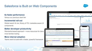 Salesforce is Built on Web Components
6x faster performance
Versus our previous client tier
Incremental roll out
Global search & nav, library of 70+ metadata-aware UI
components
Better developer productivity
Standards-based approach = more resources for devs,
more familiar tooling
More internal adoption
Teams want to build with a faster, powerful framework
 