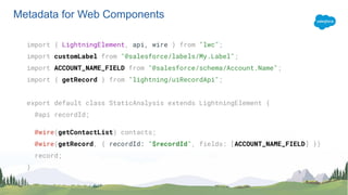 import { LightningElement, api, wire } from "lwc";
import customLabel from "@salesforce/labels/My.Label";
import ACCOUNT_NAME_FIELD from "@salesforce/schema/Account.Name";
import { getRecord } from "lightning/uiRecordApi";
export default class StaticAnalysis extends LightningElement {
@api recordId;
@wire(getContactList) contacts;
@wire(getRecord, { recordId: "$recordId", fields: [ACCOUNT_NAME_FIELD] })
record;
}
Metadata for Web Components
 