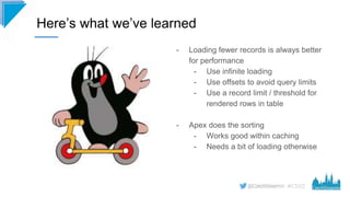 #CD22
Here’s what we’ve learned
- Loading fewer records is always better
for performance
- Use infinite loading
- Use offs...
