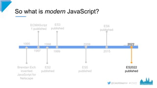 #CD22
So what is modern JavaScript?
Brendan Eich
invented
JavaScript for
Netscape
1995
1997
ECMAScript
1 published
ES2
pub...