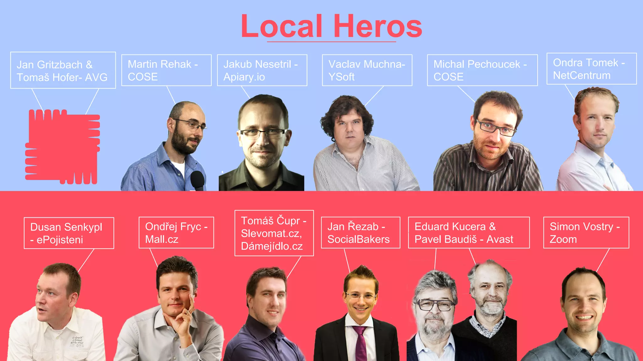 Jakub Nesetril -
Apiary.io
Local Heros
Jan Gritzbach &
Tomaš Hofer- AVG
Martin Rehak -
COSE
Vaclav Muchna-
YSoft
Michal Pechoucek -
COSE
Ondra Tomek -
NetCentrum
Ondřej Fryc -
Mall.cz
Jan Řezab -
SocialBakers
Eduard Kucera &
Pavel Baudiš - Avast
Tomáš Čupr -
Slevomat.cz,
Dámejídlo.cz
Simon Vostry -
Zoom
Dusan Senkypl
- ePojisteni
 