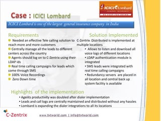 Requirements                                            Solution Implemented
   Needed an effective Tele calling solution to C-Zentrix Distributed is implemented at
reach more and more customers                   multiple locations
  Centrally manage all the leads to different        • Allows to listen and download all
centers across the country                           voice logs of different locations
  Agents should log on to C-Zentrix using their      • LDAP authentication module is
LDAP ids                                             integrated
  Real time calling campaigns for leads which        • SMS leads were integrated with
come through SMS                                     real time calling campaigns
  100% Voice Recordings                              • Redundancy servers are placed in
   Zero Down time                                    all location and central back up
                                                     system facility is available

 Highlights of the implementation
       • Agents productivity was doubled after dialer implementation
       • Leads and call logs are centrally maintained and distributed without any hassles
       • Lombard is expanding the dialer integrations to all its locations
 