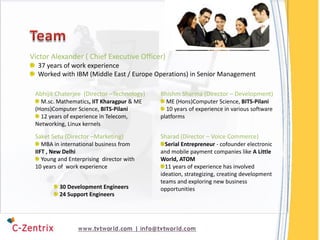 Victor Alexander ( Chief Executive Officer)
  37 years of work experience
  Worked with IBM (Middle East / Europe Operations) in Senior Management

 Abhijit Chaterjee (Director –Technology)   Bhishm Sharma (Director – Development)
   M.sc. Mathematics, IIT Kharagpur & ME      ME (Hons)Computer Science, BITS-Pilani
 (Hons)Computer Science, BITS-Pilani          10 years of experience in various software
   12 years of experience in Telecom,       platforms
 Networking, Linux kernels

 Saket Setu (Director –Marketing)           Sharad (Director – Voice Commerce)
    MBA in international business from        Serial Entrepreneur - cofounder electronic
 IIFT , New Delhi                           and mobile payment companies like A Little
    Young and Enterprising director with    World, ATOM
 10 years of work experience                  11 years of experience has involved
                                            ideation, strategizing, creating development
                                            teams and exploring new business
          30 Development Engineers          opportunities
          24 Support Engineers
 