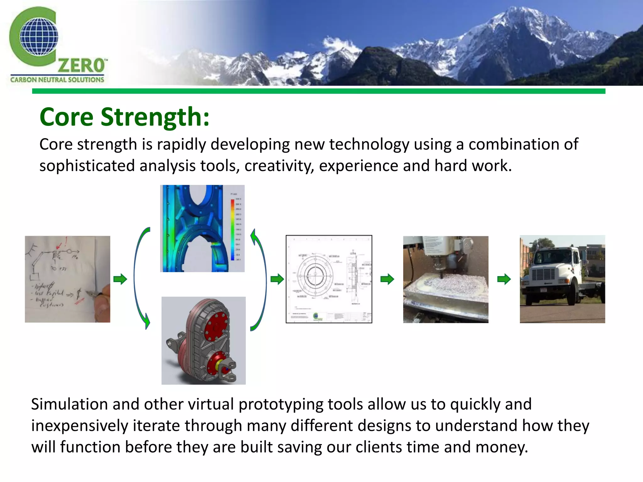 Core Strength:
 Core strength is rapidly developing new technology using a combination of
 sophisticated analysis tools, creativity, experience and hard work.




Simulation and other virtual prototyping tools allow us to quickly and
inexpensively iterate through many different designs to understand how they
will function before they are built saving our clients time and money.
 
