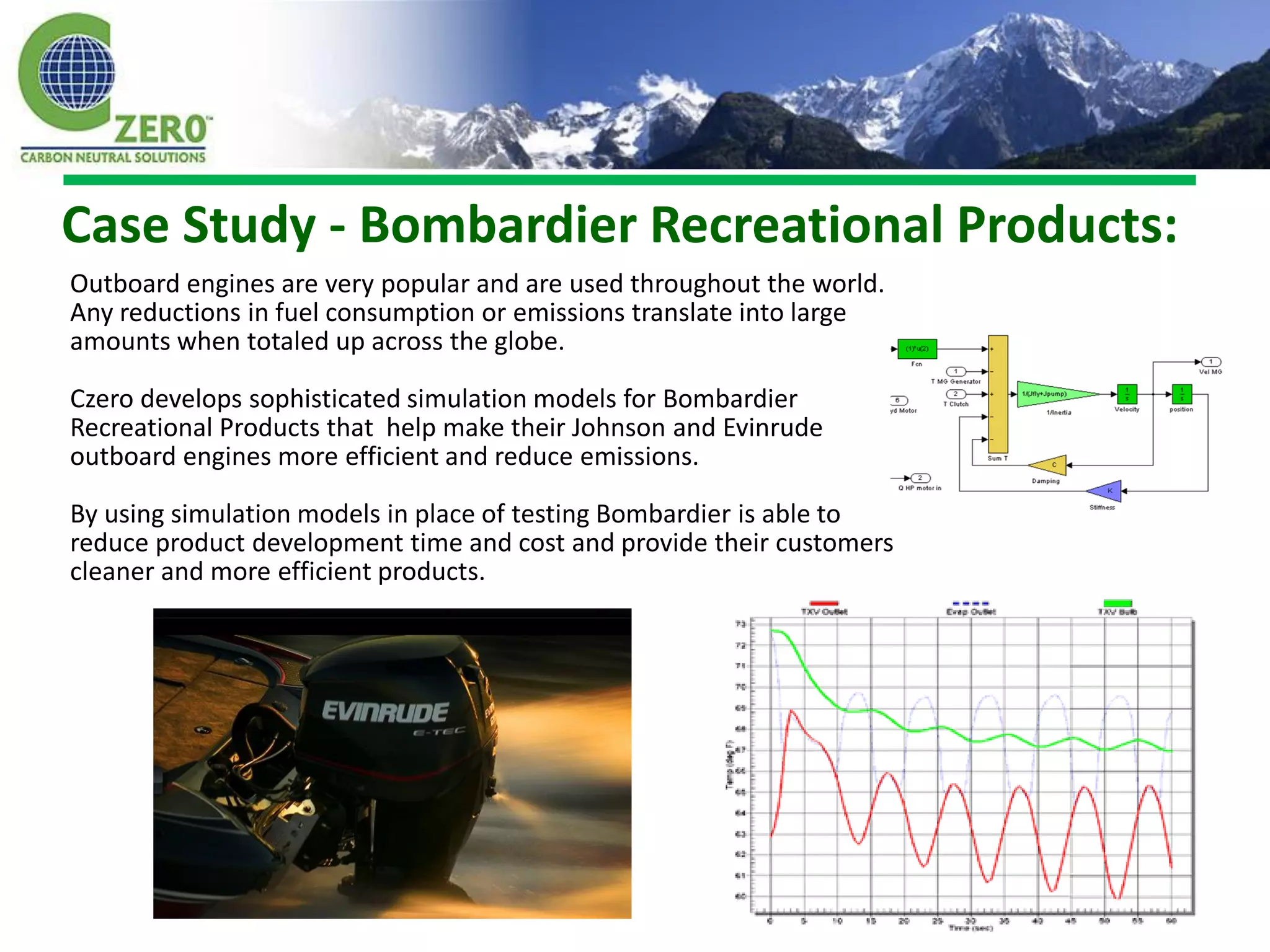 Case Study - Bombardier Recreational Products:
Outboard engines are very popular and are used throughout the world.
Any reductions in fuel consumption or emissions translate into large
amounts when totaled up across the globe.

Czero develops sophisticated simulation models for Bombardier
Recreational Products that help make their Johnson and Evinrude
outboard engines more efficient and reduce emissions.

By using simulation models in place of testing Bombardier is able to
reduce product development time and cost and provide their customers
cleaner and more efficient products.
 