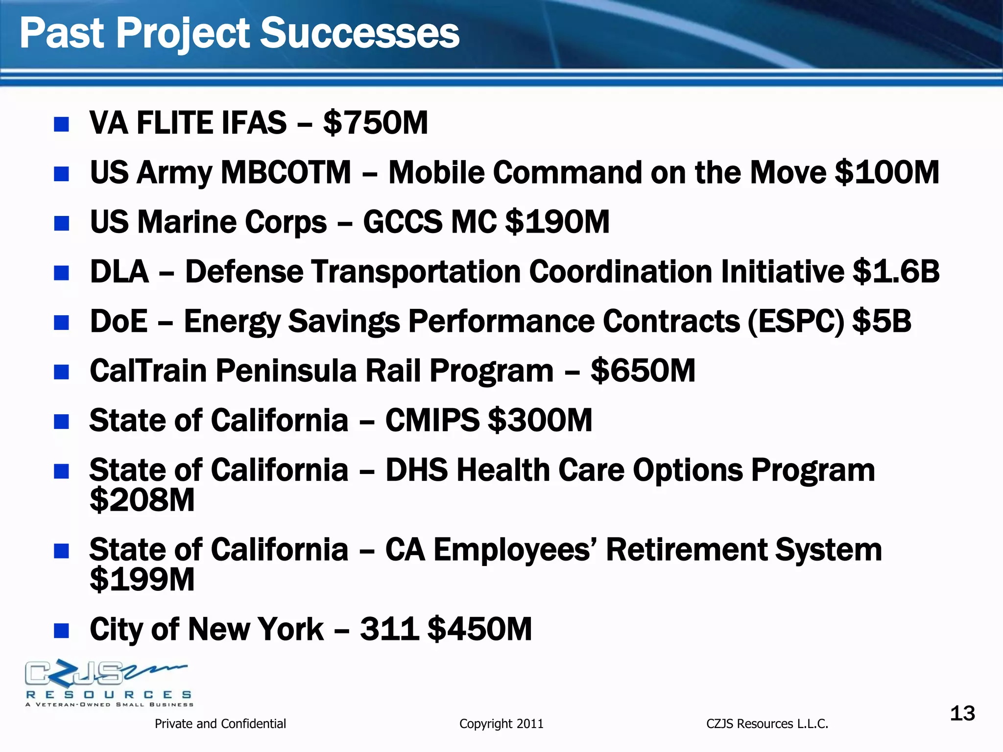 Past Project Successes
    VA FLITE IFAS – $750M
    US Army MBCOTM – Mobile Command on the Move $100M
    US Marine Corps – GCCS MC $190M
    DLA – Defense Transportation Coordination Initiative $1.6B
    DoE – Energy Savings Performance Contracts (ESPC) $5B
    CalTrain Peninsula Rail Program – $650M
    State of California – CMIPS $300M
    State of California – DHS Health Care Options Program
     $208M
    State of California – CA Employees’ Retirement System
     $199M
    City of New York – 311 $450M

         Private and Confidential   Copyright 2011   CZJS Resources L.L.C.
                                                                             13
 