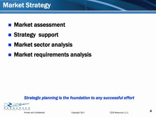 Market Strategy

    Market assessment
    Strategy support
    Market sector analysis
    Market requirements analysis




        Strategic planning is the foundation to any successful effort


        Private and Confidential   Copyright 2011      CZJS Resources L.L.C.
                                                                               4
 