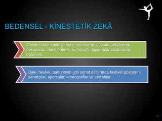 BEDENSEL - KĠNESTETĠK ZEKÂ

     Zihinle bedeni birleĢtirerek, mimiklerle, vücudu geliĢtirerek,
     dokunarak, dans ederek, üç boyutlu tasarımlar oluĢturarak
     öğrenme.



      Bale, heykel, pandomim gibi sanat dallarında faaliyet gösteren
      sanatçılar, sporcular, koreograflar ve cerrahlar.




                                                                       17
 