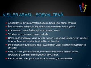KĠġĠLER ARASI – SOSYAL ZEKÂ
  ArkadaĢları ile birlikte olmaktan hoĢlanır. Doğal lider olarak davranır.
  Ġkna becerisine sahiptir. Kulüp dernek ve komitelerde zevkle çalıĢır.
  Çok arkadaĢı vardır. Dinlemeyi ve konuĢmayı sever.
  Yönetme ve organize etmeden zevk alır.
  Öğrenmede arkadaĢlar, grup oyunları ve sunuĢ yapmaya ihtiyaç duyar. YaĢıtlar
   ile ya da farklı yaĢ grupları ile olmaktan zevk alırlar.
  Diğer insanların duygularına karĢı duyarlıdırlar. Diğer insanları konuĢmaları ile
   etkilerler.
  Grup ve takım çalıĢmalarından, çok özel ve mükemmel ürünler ortaya
   çıkararak; gruplar halinde çalıĢmaktan zevk alırlar.
  Farklı kültürler, farklı yaĢam tarzları konusunda çok meraklıdırlar.

                                                                                       24
 