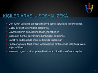KĠġĠLER ARASI – SOSYAL ZEKÂ
  Çok küçük yaĢlarda bile toplumsal ve politik sorunlarla ilgilenebilirler.
  Güçlü bir espri yeteneğine sahiptirler.
  DavranıĢlarının sonuçlarını değerlendirebilirler.
  Ġnsanların her tür davranıĢına karĢı kabul edicidirler.
  Sözel ve bedensel dili etkili bir biçimde kullanırlar.
  Farklı ortamlara, farklı insan topluluklarına girdiklerinde kolaylıkla uyum
   sağlayabilirler.
  Ġnsanları organize etme yetenekleri vardır. Liderlik vasıflarını taĢırlar.




                                                                                 25
 