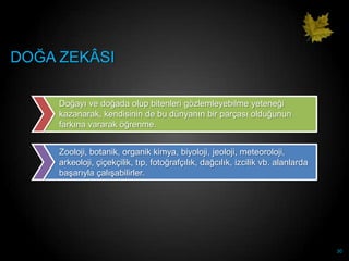 DOĞA ZEKÂSI

     Doğayı ve doğada olup bitenleri gözlemleyebilme yeteneği
     kazanarak, kendisinin de bu dünyanın bir parçası olduğunun
     farkına vararak öğrenme.


     Zooloji, botanik, organik kimya, biyoloji, jeoloji, meteoroloji,
     arkeoloji, çiçekçilik, tıp, fotoğrafçılık, dağcılık, izcilik vb. alanlarda
     baĢarıyla çalıĢabilirler.




                                                                                  30
 