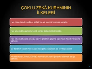 ÇOKLU ZEKÂ KURAMININ
                  ĠLKELERĠ

Her insan kendi zekâsını geliĢtirme ve tanıma fırsatına sahiptir.



Her bir zekânın geliĢimi kendi içinde değerlendirilmelidir.


Her bir zekâ hafıza, dikkat, algı ve problem çözme açısından faklı bir sisteme
sahiptir.


Bir zekânın kullanımı esnasında diğer zekâlardan da faydalanılabilir.


KiĢisel altyapı, kültür, kalıtım, inançlar zekâların geliĢimi üzerinde etkiye
sahiptir.


                                                                                 34
 