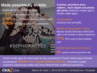 @clickzlive, @luisella!
Could mobile apps be meaningful for big corporations? Could mobile apps increase
conversions? Mobile-ﬁrst, digital gifting offering: innovative mobile
customer experiences, better and more efﬁcient than traditional experience.!
!
!
!
Anytime, anywhere send,
redeem , store digital and plastic
gift cards. (Sephora mobile app &
mobile wallet apps). !
!
Personalized !
products reco and gifts!
!
Mobile bring people in store !
Beauty Studio Services eGift Card:
offer a 45-minute in-store makeover.!
71% lift in avg in-store basket
size!
!
Mobile optimize conversions!
8x yearly revenue growth rate !
	
  
!
Made possible by Mobile:!
Digital gift cards VS Plastic cards!
51% redemption rate ( vs.33%) !
+ 30% avg. purchase value (vs.plastic card)!
+ 90% YoY digital gift card transactions !
!
March 30- April 1, 2015 |#CZLNY | @ClickZLive | @luisella!
 