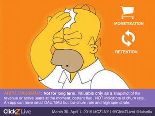 ARPU, DAU&MAU : Not for long term. Valuable only as a snapshot of the
revenue or active users at the moment, costant ﬂux . NOT indicators of churn rate..
An app can have small DAU/MAU but low churn rate and high spend rate.!
March 30- April 1, 2015 |#CZLNY | @ClickZLive| @luisella!
MONETISATION!
RETENTION!
 