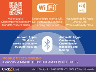 v	
  
MOBILE MEETS OFFLINE: !
iBeacons: A MARKETERS’ DREAM COMING TRUE?!
Not engaging.!
Often implemented badly!
Mandatory users action!
Need to login internal wiﬁ.!
Not customizable landing.!
Landing only to web!
Not supported by Apple.!
One to One.!
Works extremely close.!
Automatic trigger!
One to many.!
Customizable
messages and
landing!
Android, Apple,
Windows…!
Works in proximity!
Push notiﬁcation !
March 30- April 1, 2015 |#CZLNY | @ClickZLive | @luisella!
 