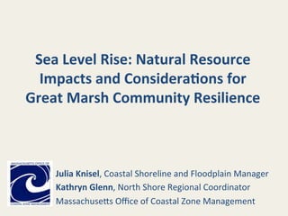 Sea	
  Level	
  Rise:	
  Natural	
  Resource	
  
Impacts	
  and	
  Considera8ons	
  for	
  
Great	
  Marsh	
  Community	
  Resilience	
  

Julia	
  Knisel,	
  Coastal	
  Shoreline	
  and	
  Floodplain	
  Manager	
  
Kathryn	
  Glenn,	
  North	
  Shore	
  Regional	
  Coordinator	
  
Massachuse8s	
  Oﬃce	
  of	
  Coastal	
  Zone	
  Management	
  

 
