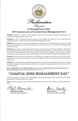 Hawaii Gov. and Lt. Gov. Proclamation In the Recognition of the 40th Anniversary of the Coastal Zone Management Act