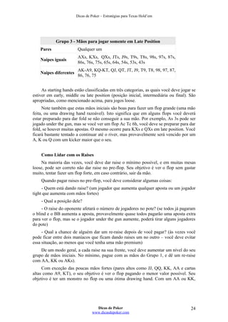 Dicas de Poker – Estratégias para Texas Hold’em
Grupo 3 - Mãos para jogar somente em Late Position
Pares Qualquer um
Naipes iguais
AXs, KXs, QXs, JTs, J9s, T9s, T8s, 98s, 97s, 87s,
86s, 76s, 75s, 65s, 64s, 54s, 53s, 43s
Naipes diferentes
AK-A9, KQ-KT, QJ, QT, JT, J9, T9, T8, 98, 97, 87,
86, 76, 75
As starting hands estão classificadas em três categorias, as quais você deve jogar se
estiver em early, middle ou late position (posição inicial, intermediária ou final). São
apropriadas, como mencionado acima, para jogos loose.
Note também que estas mãos iniciais são boas para fazer um flop grande (uma mão
feita, ou uma drawing hand razoável). Isto significa que em alguns flops você deverá
estar preparado para dar fold se não conseguir a sua mão. Por exemplo, As 3s pode ser
jogado under the gun, mas se você ver um flop Ac Tc 6h, você deve se preparar para dar
fold, se houver muitas apostas. O mesmo ocorre para KXs e QXs em late position. Você
ficará bastante tentado a continuar até o river, mas provavelmente será vencido por um
A, K ou Q com um kicker maior que o seu.
Como Lidar com os Raises
Na maioria das vezes, você deve dar raise o mínimo possível, e em muitas mesas
loose, pode ser correto não dar raise no pre-flop. Seu objetivo é ver o flop sem gastar
muito, tentar fazer um flop forte, em caso contrário, sair da mão.
Quando pagar raises no pre-flop, você deve considerar algumas coisas:
- Quem está dando raise? (um jogador que aumenta qualquer aposta ou um jogador
tight que aumenta com mãos fortes)
- Qual a posição dele?
- O raise do oponente afetará o número de jogadores no pote? (se todos já pagaram
o blind e o BB aumenta a aposta, provavelmente quase todos pagarão uma aposta extra
para ver o flop, mas se o jogador under the gun aumente, poderá tirar alguns jogadores
do pote)
- Qual a chance de alguém dar um re-raise depois de você pagar? (às vezes você
pode ficar entre dois maníacos que ficam dando raises um no outro – você deve evitar
essa situação, ao menos que você tenha uma mão premium)
De um modo geral, a cada raise na sua frente, você deve aumentar um nível do seu
grupo de mãos iniciais. No mínimo, pague com as mãos do Grupo 1, e dê um re-raise
com AA, KK ou AKs).
Com exceção das poucas mãos fortes (pares altos como JJ, QQ, KK, AA e cartas
altas como A9, KT), o seu objetivo é ver o flop pagando o menor valor possível. Seu
objetivo é ter um monstro no flop ou uma ótima drawing hand. Com um AA ou KK,
Dicas de Poker
www.dicasdepoker.com
24
 