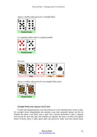 Dicas de Poker – Estratégias para Texas Hold’em
Agora, a melhor mão possível é o straight flush:
Pocket Cards
E a segunda melhor mão é a seguinte quadra:
Pocket Cards
No river:
Flop Turn River
Agora, a melhor mão possível é um straight flush maior:
Pocket Cards
Straight Flush com Apenas Uma Carta
É claro que freqüentemente você não precisa ter a nuts absoluta para vencer a mão.
No exemplo acima (dependendo das apostas), uma mão contendo apenas um Rei de
Espadas lhe daria o nut flush, com o qual você venceria facilmente a mão, e alguém
com um par de Ases não mão, não hesitaria em apostar, dar raise e re-raise com aquele
board. O ponto chave é saber quais mãos são possíveis, então você não entrará numa
Dicas de Poker
www.dicasdepoker.com
33
 