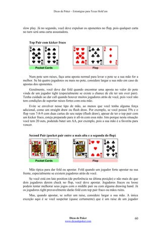 Dicas de Poker – Estratégias para Texas Hold’em
slow play. Já no segundo, você deve expulsar os oponentes no flop, pois qualquer carta
no turn será uma carta assustadora.
Top Pair com kicker fraco
Pocket Cards Flop
Num pote sem raises, faça uma aposta normal para levar o pote se a sua mão for a
melhor. Se há quatro jogadores ou mais no pote, considere largar a sua mão em caso de
apostas dos oponentes.
Geralmente, você deve dar fold quando encontrar uma aposta no valor do pote
vinda de um jogador tight (especialmente se existe a chance de ele ter um over pair).
Tenha cuidado ao dar call quando houver muitos jogadores atrás de você, pois você não
tem condições de suportar raises fortes com esta mão.
Evite se envolver nesse tipo de mão, ao menos que você tenha alguma força
adicional, como um straight draw ou flush draw. Por exemplo, se você possui T9s e o
flop vem 7-8-9 com duas cartas do seu naipe (flush draw), apesar de ter o top pair com
um kicker fraco, esteja preparado para ir all-in com essa mão. Isto porque nesta situação
você tem 20 outs, podendo bater um AA, por exemplo, pois a sua mão é a favorita para
vencer.
Second Pair (pocket pair entre a mais alta e a segunda do flop)
Pocket Cards Flop
Mão típica para dar fold ou apostar. Fold quando um jogador forte apostar na sua
frente, especialmente se existem jogadores atrás de você.
Se você está em late position (de preferência na última posição) e não mais do que
dois jogadores derem check no flop, você deve apostar. Jogadores fracos ou loose
podem tentar melhorar seus jogos com o middle pair ou com alguma drawing hand. Já
os jogadores tight provavelmente darão fold com top pair fraco ou mãos ruins.
Mas, quando apostar, se sofrer um raise, considere largar a sua mão. A única
exceção aqui é se você suspeitar (quase certamente) que é um raise de um jogador
Dicas de Poker
www.dicasdepoker.com
60
 