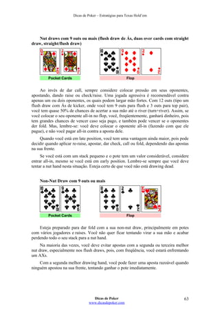 Dicas de Poker – Estratégias para Texas Hold’em
Nut draws com 9 outs ou mais (flush draw de Ás, duas over cards com straight
draw, straight/flush draw)
Pocket Cards Flop
Ao invés de dar call, sempre considere colocar pressão em seus oponentes,
apostando, dando raise ou check/raise. Uma jogada agressiva é recomendável contra
apenas um ou dois oponentes, os quais podem largar mão fortes. Com 12 outs (tipo um
flush draw com Ás de kicker, onde você tem 9 outs para flush e 3 outs para top pair),
você tem quase 50% de chances de acertar a sua mão até o river (turn+river). Assim, se
você colocar o seu oponente all-in no flop, você, freqüentemente, ganhará dinheiro, pois
tem grandes chances de vencer caso seja pago, e também pode vencer se o oponentes
der fold. Mas, lembre-se: você deve colocar o oponente all-in (fazendo com que ele
pague), e não você pagar all-in contra a aposta dele.
Quando você está em late position, você tem uma vantagem ainda maior, pois pode
decidir quando aplicar re-raise, apostar, dar check, call ou fold, dependendo das apostas
na sua frente.
Se você está com um stack pequeno e o pote tem um valor considerável, considere
entrar all-in, mesmo se você está em early position. Lembre-se sempre que você deve
tentar a nut hand nesta situação. Esteja certo de que você não está drawing dead.
Non-Nut Draw com 9 outs ou mais
Pocket Cards Flop
Esteja preparado para dar fold com a sua non-nut draw, principalmente em potes
com vários jogadores e raises. Você não quer ficar tentando virar a sua mão e acabar
perdendo todo o seu stack para a nut hand.
Na maioria das vezes, você deve evitar apostas com a segunda ou terceira melhor
nut draw, especialmente nos flush draws, pois, com freqüência, você estará enfrentando
um AXs.
Com a segunda melhor drawing hand, você pode fazer uma aposta razoável quando
ninguém apostou na sua frente, tentando ganhar o pote imediatamente.
Dicas de Poker
www.dicasdepoker.com
63
 