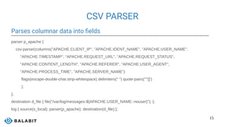 15
CSV PARSER
Parses columnar data into fields
parser p_apache {
csv-parser(columns("APACHE.CLIENT_IP", "APACHE.IDENT_NAME", "APACHE.USER_NAME",
"APACHE.TIMESTAMP", "APACHE.REQUEST_URL", "APACHE.REQUEST_STATUS",
"APACHE.CONTENT_LENGTH", "APACHE.REFERER", "APACHE.USER_AGENT",
"APACHE.PROCESS_TIME", "APACHE.SERVER_NAME")
flags(escape-double-char,strip-whitespace) delimiters(" ") quote-pairs('""[]')
);
};
destination d_file { file("/var/log/messages-${APACHE.USER_NAME:-nouser}"); };
log { source(s_local); parser(p_apache); destination(d_file);};
 