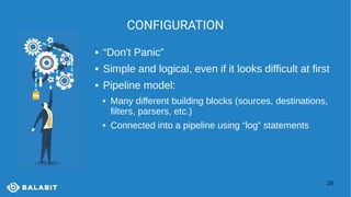 20
CONFIGURATION
 “Don't Panic”
 Simple and logical, even if it looks difficult at first
 Pipeline model:
 Many different building blocks (sources, destinations,
filters, parsers, etc.)
 Connected into a pipeline using “log” statements
 