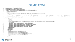 33
SAMPLE XML
● <?xml version='1.0' encoding='UTF-8'?>
● <patterndb version='3' pub_date='2010-07-13'>
● <ruleset name='opensshd' id='2448293e-6d1c-412c-a418-a80025639511'>
● <pattern>sshd</pattern>
● <rules>
● <rule provider="patterndb" id="4dd5a329-da83-4876-a431-ddcb59c2858c" class="system">
● <patterns>
● <pattern>Accepted @ESTRING:usracct.authmethod: @for @ESTRING:usracct.username: @from @ESTRING:usracct.device: @port @ESTRING::
@@ANYSTRING:usracct.service@</pattern>
● </patterns>
● <examples>
● <example>
● <test_message program="sshd">Accepted password for bazsi from 127.0.0.1 port 48650 ssh2</test_message>
● <test_values>
● <test_value name="usracct.username">bazsi</test_value>
● <test_value name="usracct.authmethod">password</test_value>
● <test_value name="usracct.device">127.0.0.1</test_value>
● <test_value name="usracct.service">ssh2</test_value>
● </test_values>
● </example>
● </examples>
● <values>
● <value name="usracct.type">login</value>
● <value name="usracct.sessionid">$PID</value>
● <value name="usracct.application">$PROGRAM</value>
● <value name="secevt.verdict">ACCEPT</value>
● </values>
● </rule>
 