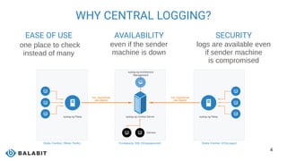 4
WHY CENTRAL LOGGING?
EASE OF USE
one place to check
instead of many
AVAILABILITY
even if the sender
machine is down
SECURITY
logs are available even
if sender machine
is compromised
 