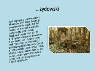 …żydowski     Jest jednym z największych kirkutów w Polsce. Zajmuje powierzchnię około 8,5 ha i obecnie niemal w całości porośnięty jest lasem. Znajduje się na nim około 4–5 tysięcy macew, zarówno z polskimi, jak i hebrajskimi inskrypcjami, w większości oplecionych bluszczem. Część z nich została przemieszczona, złamana lub przewrócona. Do zniszczeń przyczyniły się też przez lata zanieczyszczenia z pobliskiej huty.