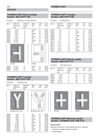 110
SPOJKY
THOMAFLUID®
THOMAFLUID®-Úhlové spojky
Systém: MULTIFIT®-VB
Provedení: hadicový trn na obou stranách
Kat. č. Vnitřní Ø Vnitřní Ø Mate- Jedn. Cena
hadice mm spojky riál kus Euro
mm mm
29377 3-4,5 2 PVDF 15 60,00
29378 5-6,5 4 PP 15 48,00
29379 5-6,5 4 PVDF 15 60,00
29380 7-8,5 6 PP 15 51,00
29381 7-8,5 6 PVDF 15 66,00
29382 9-10,5 8 PP 15 57,00
29383 9-10,5 8 PVDF 10 61,00
29384 11-12,5 10 PP 10 45,00
29385 11-12,5 10 PVDF 10 70,00
29386 13-14,5 12 PP 10 58,00
29387 13-14,5 12 PVDF 10 78,00
THOMAFLUID®-T-spojky
Systém: MULTIFIT®-VB
Provedení: tři hadicové trny
Kat. č. Vnitřní Ø Vnitřní Ø Mate- Jedn. Cena
hadice mm spojky riál kus Euro
mm mm
29389 3-4,5 2 PP 15 48,00
29390 3-4,5 2 PVDF 15 60,00
29391 5-6,5 4 PP 15 57,00
29392 5-6,5 4 PVDF 15 63,00
29393 7-8,5 6 PP 10 45,00
29394 7-8,5 6 PVDF 10 61,00
29395 9-10,5 8 PP 10 51,00
29396 9-10,5 8 PVDF 10 62,00
29397 11-12,5 10 PP 10 54,00
29398 11-12,5 10 PVDF 10 64,00
29399 13-14,5 12 PP 10 58,00
THOMAFLUID®-Y-spojky
Systém: MULTIFIT®-VB
Provedení: tři hadicové trny
Kat. č. Vnitřní Ø Vnitřní Ø Mate- Jedn. Cena
hadice mm spojky riál kus Euro
mm mm
29402 3-5 2 PP 10 45,00
29403 3-5 2 PVDF 10 68,00
29404 5-7 4 PP 10 51,00
29405 5-7 4 PVDF 10 70,00
29408 7-9 6 PP 10 61,00
29409 7-9 6 PVDF 10 80,00
29410 9-11 8 PP 10 62,00
29411 9-11 8 PVDF 10 87,00
29412 11-13 10 PP 10 64,00
29413 11-13 10 PVDF 10 100,00
29414 13-15 12 PP 10 76,00
29415 13-15 12 PVDF 10 116,00
THOMAFLUID®-Křížové spojky
Systém: MULTIFIT®-VT
Provedení: čtyři hadicové trny
Kat. č. Vnitřní Ø Vnitřní Ø Mate- Jedn. Cena
hadice mm spojky riál kus Euro
mm mm
60837 4-5,5 3 PP 10 45,00
60838 6-7,5 5 PP 10 51,00
60839 8-9,5 7 PP 10 61,00
60840 10-11,5 9 PP 10 61,00
60841 12-13,5 11 PP 5 31,00
THOMAFLUID®-Nástrčné spojky
Systém: THOMAPLAST®-EM 5151
Oblasti použití:
Spojování hadicových rozvodů stejného průměru v oblastech
• chemické a fyzikální laboratorní techniky
• biotechnologie
29 389 29 389
29 402 (viz str. 110) 29 402 (viz str. 110) 60 837 60 837
 