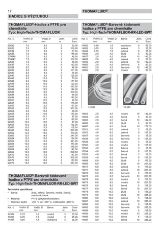 17
HADICE S VÝZTUHOU
THOMAFLUID®
THOMAFLUID®-Hadice z PTFE pro
chemikálie
Typ: High-Tech-THOMAFLUOR
Kat. č. Vnitřní Ø Vnější Ø Jedn. Cena
mm mm m Euro
92632 7,0 8,5 3 50,00
92633 7,0 8,5 9 119,00
92634 7,0 9,0 3 61,00
92635 7,0 9,0 9 145,00
339646 7,5 8,5 3 48,00
339647 7,5 8,5 9 112,00
92636 7,5 9,5 3 85,00
92637 7,5 9,5 9 192,00
92638 8,0 9,0 3 46,00
92639 8,0 9,0 9 111,00
92640 8,0 9,5 3 54,00
92641 8,0 9,5 9 125,00
92642 8,0 10,0 3 75,00
92643 8,0 10,0 9 171,00
92644 8,0 11,0 3 120,00
92645 8,0 11,0 9 263,00
92646 8,0 12,0 3 144,00
92647 8,0 12,0 9 316,00
92648 8,5 9,5 3 64,00
92649 8,5 9,5 9 147,00
92650 9,0 11,0 3 80,00
92651 9,0 11,0 9 175,00
92652 9,0 12,0 3 137,00
92653 9,0 12,0 9 301,00
92654 9,6 10,6 3 68,00
92655 9,6 10,6 9 150,00
92656 9,7 11,7 3 87,00
92657 9,7 11,7 9 192,00
92658 10,0 12,0 3 87,00
92659 10,0 12,0 9 192,00
92660 10,0 13,0 3 136,00
92661 10,0 13,0 9 300,00
92662 12,0 14,0 3 110,00
92663 12,0 14,0 9 241,00
92664 12,0 15,0 3 164,00
92665 12,0 15,0 9 361,00
92666 13,0 15,0 3 117,00
92667 13,0 15,0 9 255,00
92668 14,0 16,0 3 142,00
92669 14,0 16,0 9 298,00
92670 15,0 17,0 3 147,00
92671 15,0 17,0 9 306,00
92672 16,0 18,0 3 153,00
92673 16,0 18,0 9 337,00
THOMAFLUID®-Barevně kódované
hadice z PTFE pro chemikálie
Typ: High-Tech-THOMAFLUOR-RR-LED-BWT
Technická specifikace:
• Barva: žlutá, zelená, červená, modrá, fialová,
oranžová, černá
• Materiál: PTFE (polytetrafluoretylen)
• Rozmezí teplot: -200 °C až +260 °C, krátkodobě +280 °C
Kat. č. Vnitřní Ø Vnější Ø Barva Jedn. Cena
mm mm m Euro
14089 0,25 1,6 modrá 3 35,00
14090 0,25 1,6 modrá 9 95,00
14091 0,50 1,6 oranžová 3 35,00
THOMAFLUID®-Barevně kódované
hadice z PTFE pro chemikálie
Typ: High-Tech-THOMAFLUOR-RR-LED-BWT
Kat. č. Vnitřní Ø Vnější Ø Barva Jedn. Cena
mm mm m Euro
14092 0,50 1,6 oranžová 9 95,00
14093 0,75 1,6 zelená 3 35,00
14094 0,75 1,6 zelená 9 95,00
14656 2,0 4,0 žlutá 5 80,00
14657 2,0 4,0 žlutá 10 142,00
14658 2,0 4,0 zelená 5 80,00
14659 2,0 4,0 zelená 10 142,00
14660 2,0 4,0 červená 5 80,00
14661 2,0 4,0 červená 10 142,00
14662 2,0 4,0 modrá 5 80,00
14663 2,0 4,0 modrá 10 142,00
14664 2,0 4,0 černá 5 80,00
14665 2,0 4,0 černá 10 142,00
14666 4,0 6,0 žlutá 5 99,00
14667 4,0 6,0 žlutá 10 179,00
10551 4,0 6,0 zelená 3 59,00
10552 4,0 6,0 zelená 9 165,00
10557 4,0 6,0 červená 3 59,00
10558 4,0 6,0 červená 9 165,00
10549 4,0 6,0 modrá 3 59,00
10550 4,0 6,0 modrá 9 165,00
10553 4,0 6,0 fialová 3 59,00
10554 4,0 6,0 fialová 9 165,00
10555 4,0 6,0 černá 3 59,00
10556 4,0 6,0 černá 9 165,00
14668 6,0 8,0 žlutá 5 115,00
14669 6,0 8,0 žlutá 10 201,00
14670 6,0 8,0 zelená 5 115,00
14671 6,0 8,0 zelená 10 201,00
14672 6,0 8,0 červená 5 115,00
14673 6,0 8,0 červená 10 201,00
14674 6,0 8,0 modrá 5 115,00
14675 6,0 8,0 modrá 10 201,00
14676 6,0 8,0 černá 5 115,00
14677 6,0 8,0 černá 10 201,00
14678 8,0 10,0 žlutá 5 198,00
14679 8,0 10,0 žlutá 10 335,00
14680 8,0 10,0 zelená 5 198,00
14681 8,0 10,0 zelená 10 335,00
14682 8,0 10,0 červená 5 198,00
14683 8,0 10,0 červená 10 335,00
14684 8,0 10,0 modrá 5 198,00
14685 8,0 10,0 modrá 10 335,00
14686 8,0 10,0 černá 5 198,00
14687 8,0 10,0 černá 10 335,00
14 089 10 583
 